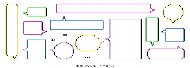 Pixel art speech bubbles set. Retro 8 bit video game dialogue chat boxes with colorful frames and white copy space for text. 90s style vector illustration isolated on transparent background