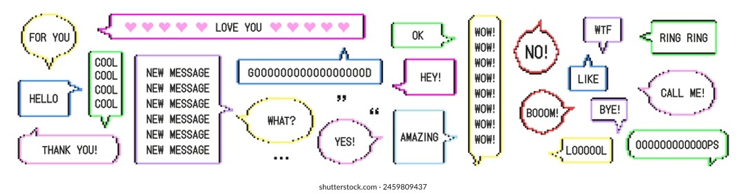 Pixel art speech bubbles set with short phrases. Retro 8 bit video game dialogue chat boxes with colorful frames and text. Hello, ok, like, wow, good, amazing, cool, new message. Vector illustration