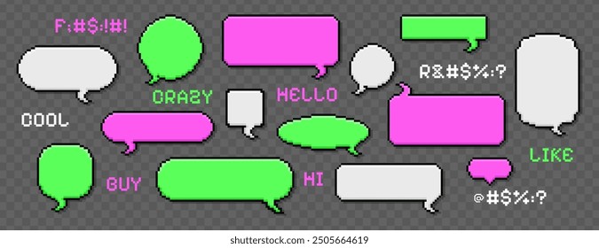 Pixel art speech bubbles set. Retro game style dialogue boxes on transparent background. Empty chat communication box, talk balloon with swear words, text. 8bit pixelated dialog clouds, message frames