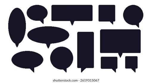 Pixel art speech bubbles simple silhouette. 8 bit text boxes set. Rectangle and round chat frames. Dialogue borders icons in retro style. Digital callouts message borders. Vector illustration.
