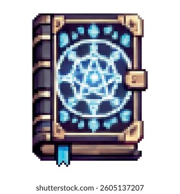 Pixel art spellbook with glowing blue magical circle and pentagram on the cover. Ideal for fantasy RPGs, wizard libraries, or enchanted inventory items. Isolated on white background