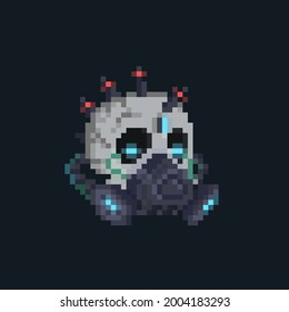 Pixel art spooky cyber punk skull head with gas mask.