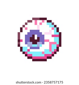 Pixel Art Spooky Eyeball. Retro 8bit Style Halloween Decor Creepy Eye Illustration. Ideal for Sticker, Retro Decorative Video Game Element, Game Asset, Emoji, Avatar or Cute Geek Patch.	