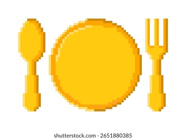 Pixel arte de colher, placa e garfo. Pixelated resto e logotipo do café. Ícone de pixel de jantar.
