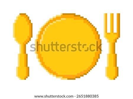 Pixel art of spoon, plate, and fork. Pixelated resto and cafe logo. Dining pixel icon.