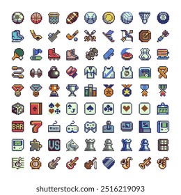 Iconos del App del deporte del arte del píxel conjunto grande, emoji de la actividad del tablero del juego. Sprite de 8 bits. Diseño para el logotipo, la etiqueta engomada, el Web, el App móvil, las insignias y los parches. Ilustración vectorial aislada. Activos de juego.