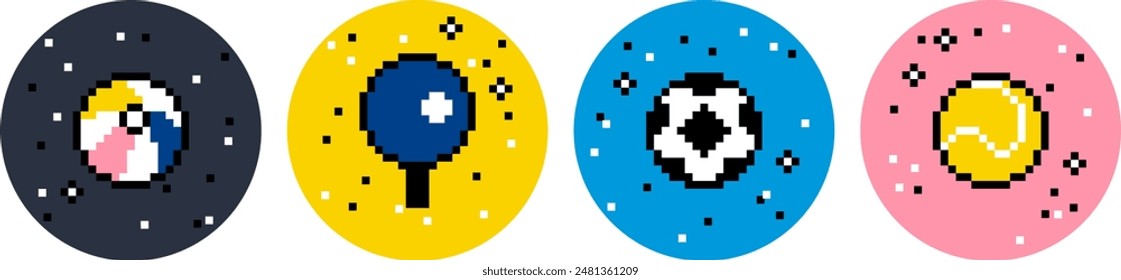 Pixel art sport and ball icon collection. Creative concept of sport and recreation for healthy life style. Colorful Y2k trendy playful pixelated stickers. Mood of 90's aesthetics. 8-bit retro style