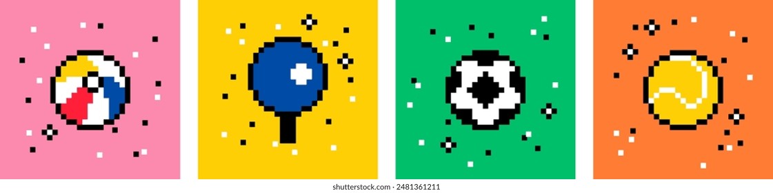 Pixel art sport and ball icon collection. Creative concept of sport and recreation for healthy life style. Colorful posters set. Minimalistic trendy backgrounds for card, banner, cover. 8-bit retro