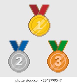 Pixel art sports medals golden silver bronze medal 8bit style