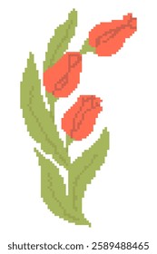 Pixel Art Spring Red Tulips Bouquet in retro 8-bit style. Vector illustration. Y2k trendy pixelated stickers. Inspired by retro video game aesthetics. Mood of 90's aesthetics. Springtime