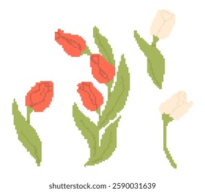 Pixel Art Spring Red and White Tulips collection. Isolated Vector illustration in retro 8-bit style. Y2k trendy pixelated stickers. Inspired by video game aesthetics. Mood of 90 s aesthetics