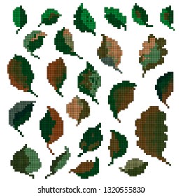 pixel art  spring summer and autumn green and brown leaf plants for art or game icon set