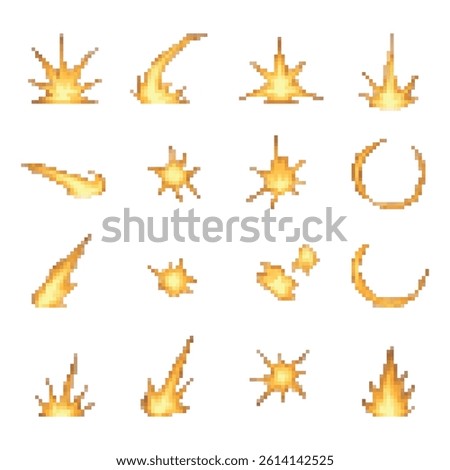 Pixel art sprite sheet of 16 golden hit or impact effects. Includes slashes, bursts, sparks, and curved strikes. Ideal for RPG attacks, spell hits, and UI combat animations.