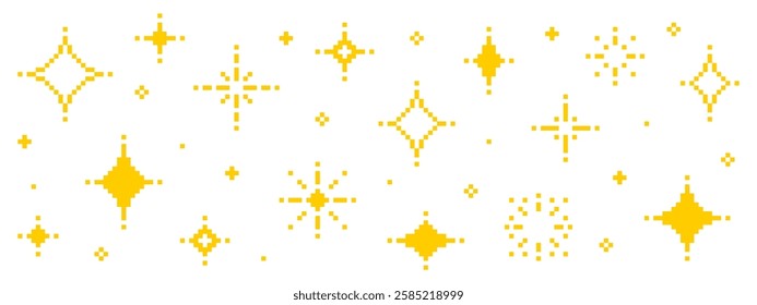 Pixel art sprite sheet of yellow sparkles isolated on a white background. Pixel yellow stars. 8-bit 2D game assets sheet. vector graphics.