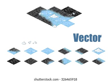 Pixel art sprite tiles for game background. Winter river on black volcanic sand. Ice floes and lumps in water.