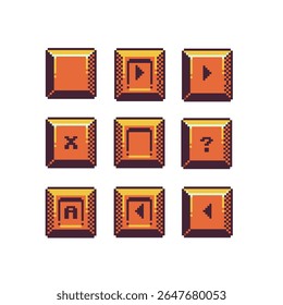 Pixel art square UI buttons retro 8-bit control icons set interface buttons in bright orange-red tones, each with different control icons such as play, stop, cancel, back, and help. 