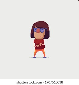 Pixel art squeamish nerd girl with unhappy face 