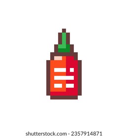 Pixel Art Sriracha Sauce. Retro 8 bit Style Fast Food Hot Spicy Asian Sauce Illustration. Ideal for Sticker, Retro Decorative Element, Game Asset, Emoji, Patch or Cute Geek Avatar.	