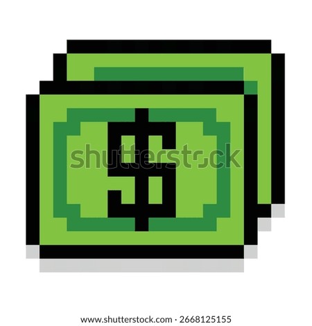 A pixel art stack of dollar bills icon, retro 8-bit style. Represents currency, payments, or transactions. Great for games and app UI.