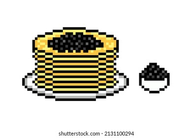Pixel art stack of pancakes with black caviar on a plate isolated on white background. Blini, traditional Maslenitsa food. Eastern Slavic religious, folk holiday dish. Crepes for breakfast.