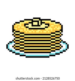 Pixel art pila de crepes con mantequilla derretida sobre un plato de fondo blanco. Blini, comida tradicional maslenitsa. Religioso eslavo oriental, plato festivo folclórico. Crepes para el desayuno. Tratamiento con Shrovetide.