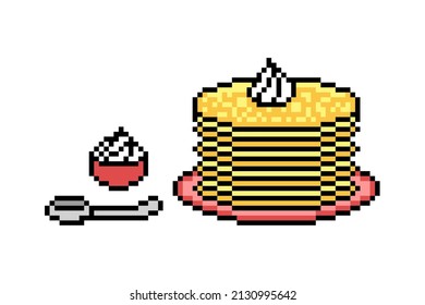 Pixel art stack of pancakes on a plate, sour cream bowl and a silver spoon on white background. Blini, traditional Maslenitsa food. Eastern Slavic religious, folk holiday dish. Crepes for breakfast.