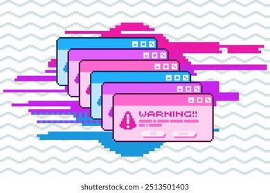 Pixel Art Stacking Warning Dialog with Bright Hologram Color tone Pink to Blue on Glitched Circle and Fuzzy Lines background