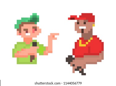 Pixel art stand-up comedy/beatbox/rap/hip-hop/mc battle poster design. Two male characters arguing in microphone. Street/underground/urban music culutre banner.Tough guys on stage insulting each other