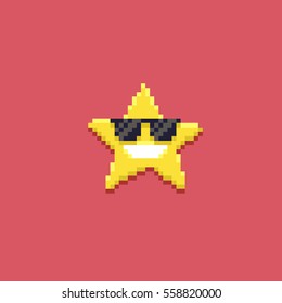 Pixel art star character with sunglasses isolated on pink background