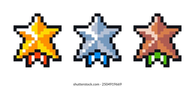 Pixel Art Star Medals Set: Gold, Silver and Bronze Awards for Game Interfaces