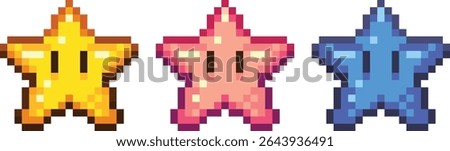 Pixel Art Star Power Up Collection,Yellow, Pink, and Blue. Vibrant collection of three pixel art star icons, each rendered in a classic retro video game style
