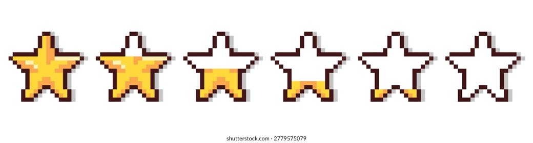 Pixel art star rating bar set. 8-bit game experience level indicators. Yellow star containers for video game interface, gaming rank icons collection. Vector pixelated UI elements isolated