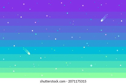 Pixel Art Star Sky At Sunset Time. Starry Evening Sky Seamless Backdrop. Vector Illustration.