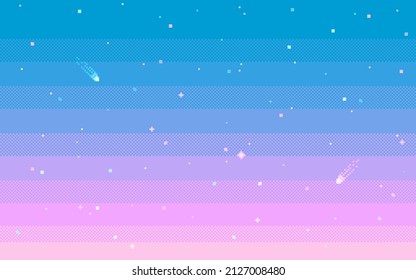 Pixel art star sky at sunset time  Starry evening sky seamless backdrop  Vector illustration 