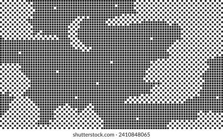 El cielo estrellado nocturno de arte de Pixel con estrellas de nubes y una luna creciente. Composición horizontal. Blanco y negro. Vibra de tecnología monocroma. Escena del cielo en píxeles atmosféricos.