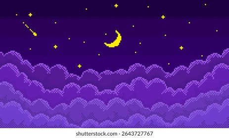 Pixel art starry night sky. Pixelated cloudy skyscape with 8 bit shiny twinkling stars, new moon and layered bitmap clouds, retro video game style vector background illustration.