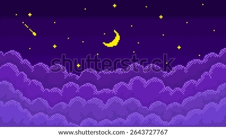 Pixel art starry night sky. Pixelated cloudy skyscape with 8 bit shiny twinkling stars, new moon and layered bitmap clouds, retro video game style vector background illustration.