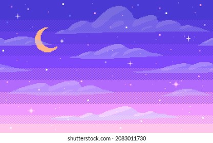 Pixel art starry seamless background. Night sky with stars, moon, clouds in 8 bit style. Vector illustration