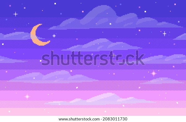 Pixel art starry seamless background. Night sky with stars, moon, clouds in 8 bit style. Outer space wall mural, vector illustration