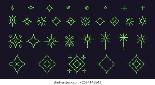 Pixel art stars. 8 bit sparkles. Magic firework icons in line retro 90s style. shine glitter Christmas decoration. Twinkle y2k snowflakes. Vintage party elements isolated. Vector set illustration.