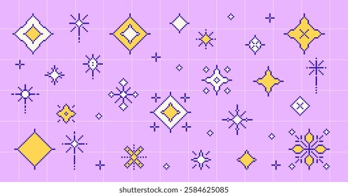 Pixel art stars. 8 bit sparkles. Magic firework icons in retro 90s style. shine glitter Christmas decoration. Twinkle y2k snowflakes. Vintage party elements isolated. Vector pixelart set illustration.