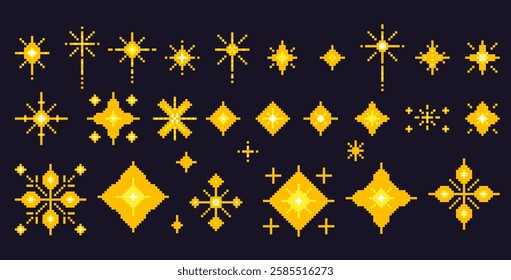 Pixel art stars. 8 bit sparkles set. Magic firework icons in retro 90s style. shine glitter Christmas decoration. Y2k snowflakes. Vintage party golden elements isolated on dark. Vector illustration.