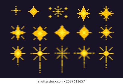 Pixel art stars. 8 bit sparkles set. Magic firework icons in retro 90s style. shine glitter Christmas decoration. Y2k snowflakes. Vintage party golden elements isolated on dark. Vector illustration.