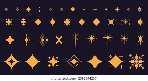 Pixel art stars. 8 bit sparkles set. Magic firework icons in retro 90s style. shine glitter Christmas decoration. Y2k snowflakes. Vintage party golden elements isolated on dark. Vector illustration.