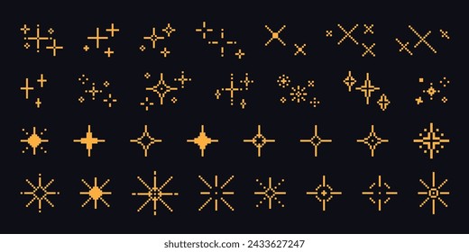 Pixel art stars. Comic 8-bit game space light. Retro decorative night pixelated sparkling elements. Yellow and gold star and glitter for mobile games. Vector set. Shiny isolated festive sparks