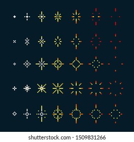 Pixel art stars. Game icons set. The effect of sparkling stars for emotions. Animation frame. Process steps, Video fire.