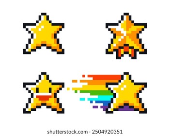 Pixel art stars set: gold medal, smiling star and star with rainbow trail for game interfaces and design