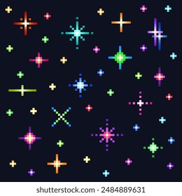 Pixel arte de estrellas conjunto. Estrella, brillo, destellos. Señales de cielo estrellado pixelado. Colección de objeto brillante del espacio. Iconos del videojuego. Ilustración vectorial de estilo retro de 8 bits