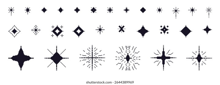 Silhueta de estrelas Pixel art. Brilhos de contorno de 8 bits. Ícones de fogos de artifício mágicos no estilo retrô dos anos 90. As linhas pretas brilham. Flocos de neve twinkle y2k. festa vintage preço starburst. Ilustração vetorial.