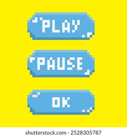 Pixel art start pause ok button, vector illustration on isolated background.